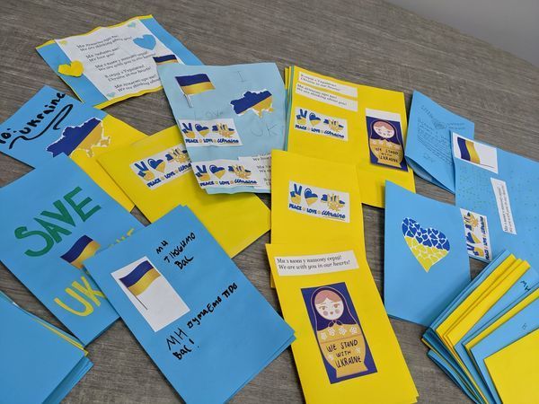 yellow and blue letters with ukraine stickers from students to ukranie